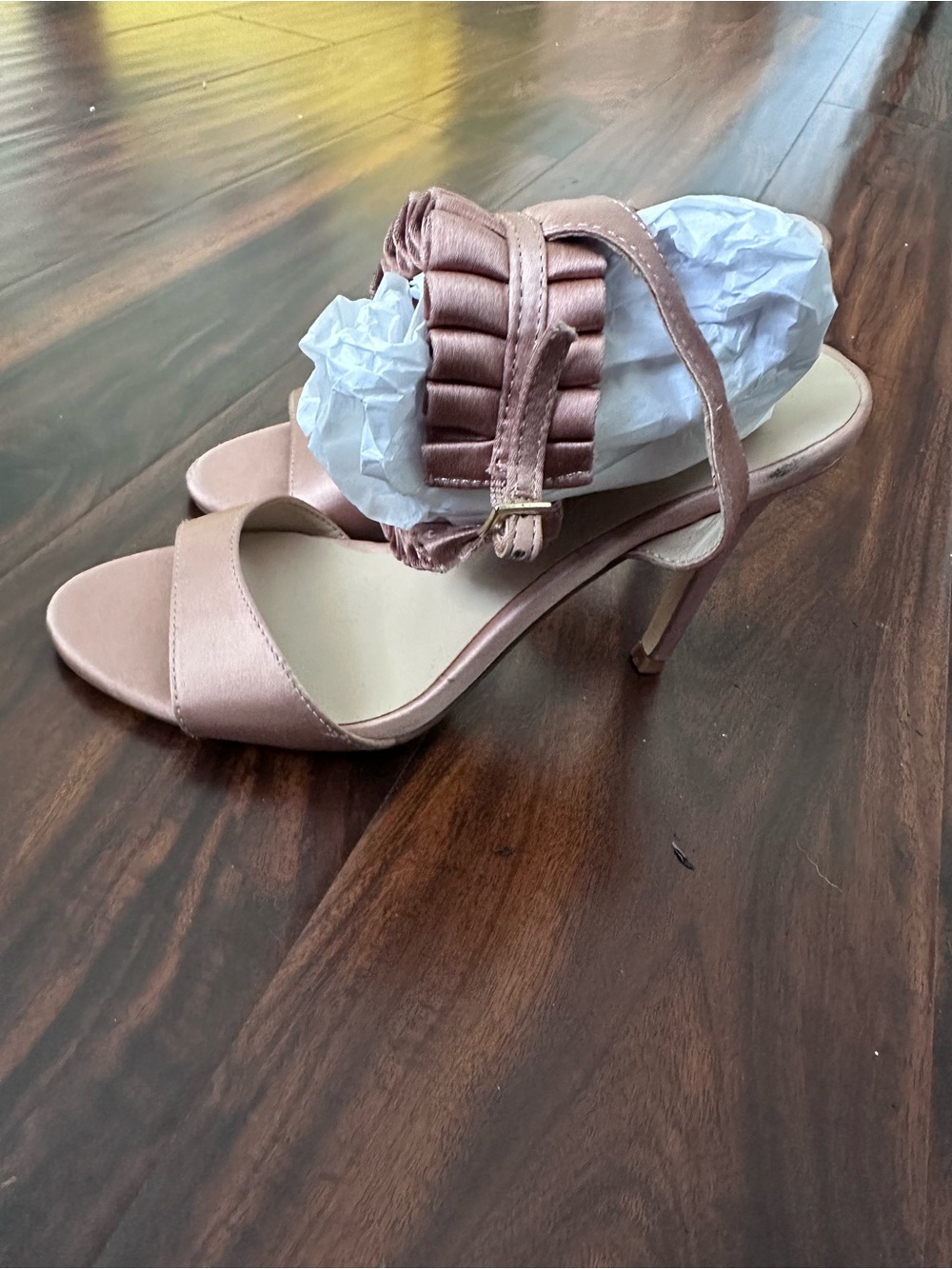 Vintage Nicole Miller Satin Ruffled Heel - Rose Gold/blush pink